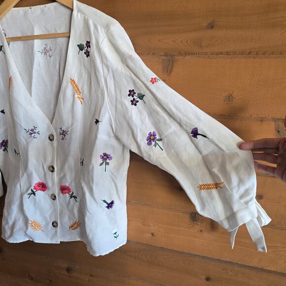 Topshop Floral Top Embroidered Flower Botanical Tie Sleeve Button Down Blouse 12 - Picture 5 of 6